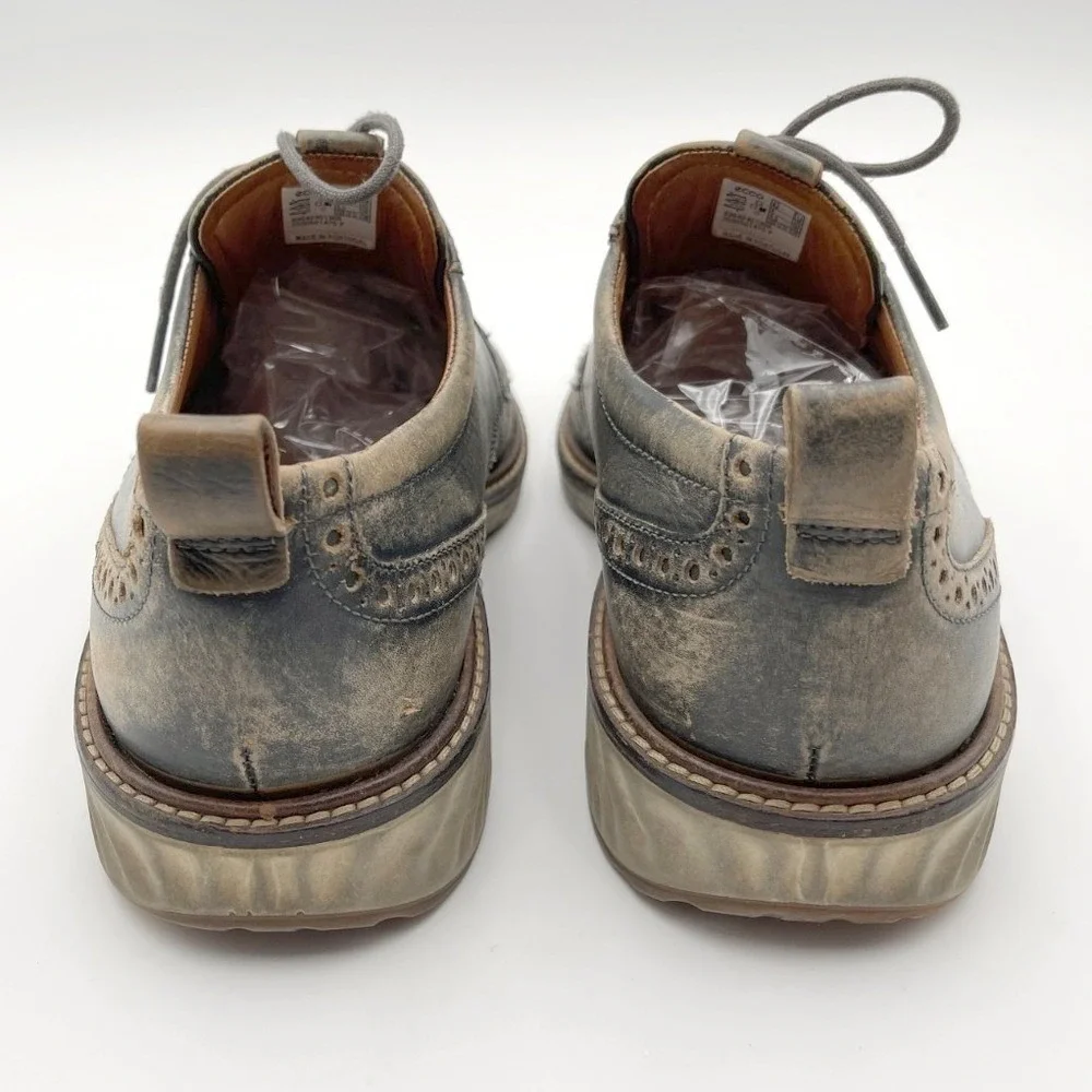 ECCO ST1 Hybrid Wingtip‎ Brogue Oxford Gray Tan Burnish Leather Men 8 Dress Shoe